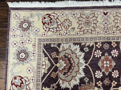 Vintage Indo Mahal Area Rug 6x9, Indian Persian Oriental Carpet 6 x 9, Puce Eggplant Tan Beige Rug, Hand-Knotted, Large Floral Design Wool
