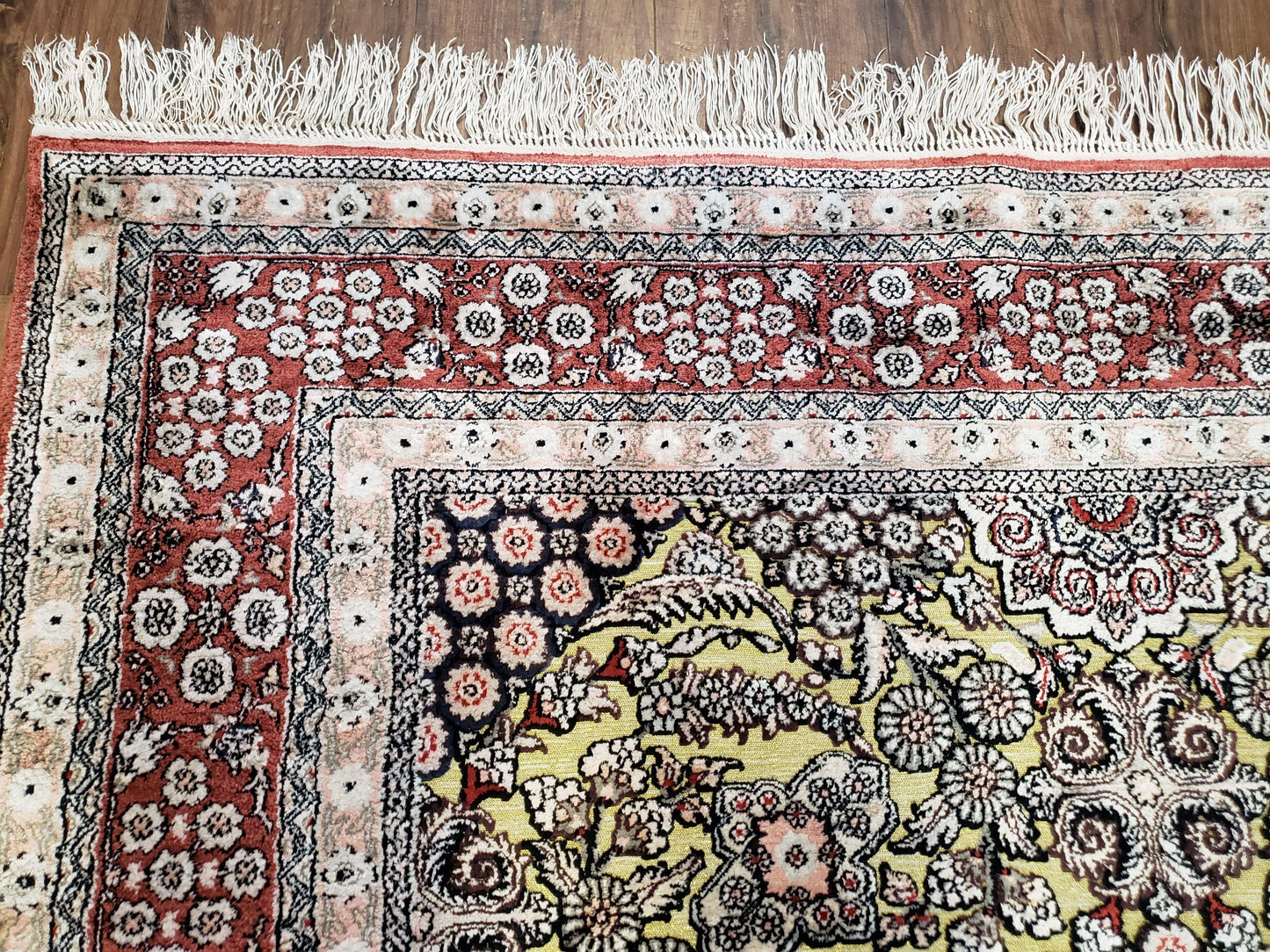 Vintage Silk Rug with Gold Threads, 5x8 Silk Oriental Carpet, Red Black Gold Hand-Knotted Fine Silk Real Gold Wire Threads Kashmiri Silk Rug