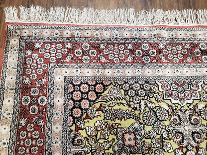 Vintage Silk Rug with Gold Threads, 5x8 Silk Oriental Carpet, Red Black Gold Hand-Knotted Fine Silk Real Gold Wire Threads Kashmiri Silk Rug