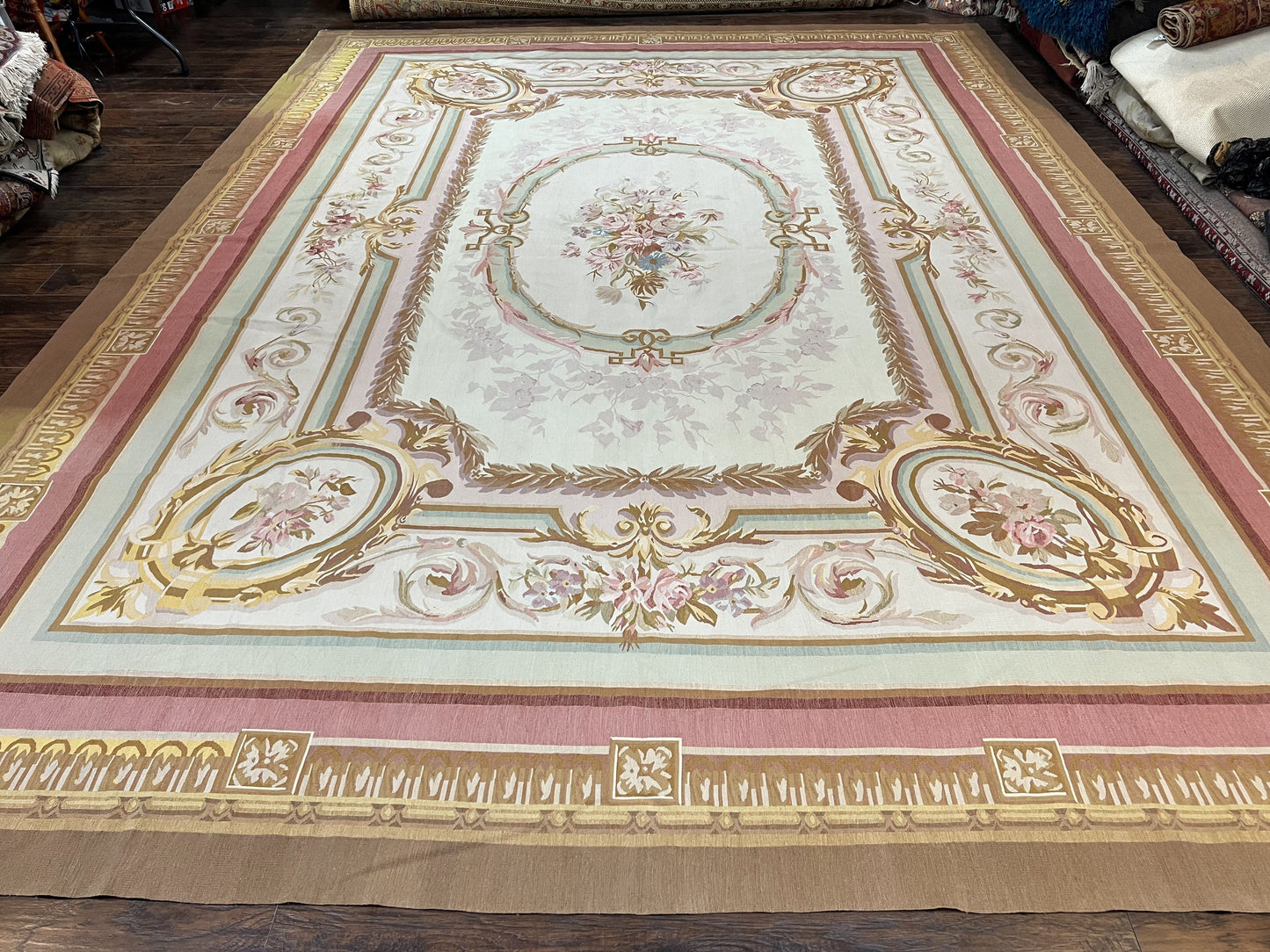 Large Aubusson Rug 11x15, Oversized Gallery Palace Size Flatweave Savonnerie Carpet 11 x 15 ft, Wool Handmade Vintage Elegant European