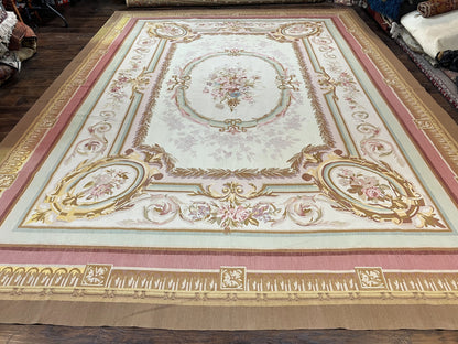 Large Aubusson Rug 11x15, Oversized Gallery Palace Size Flatweave Savonnerie Carpet 11 x 15 ft, Wool Handmade Vintage Elegant European