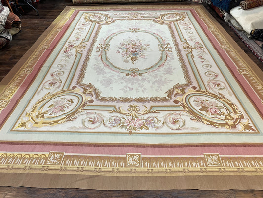 Large Aubusson Rug 11x15, Oversized Gallery Palace Size Flatweave Savonnerie Carpet 11 x 15 ft, Wool Handmade Vintage Elegant European
