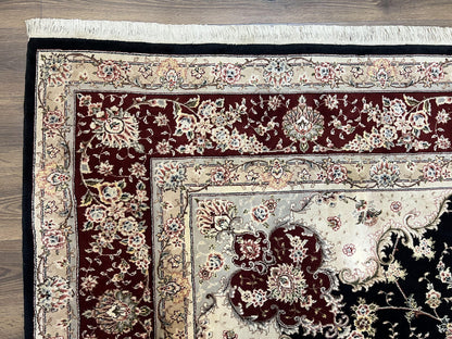 Pak Persian Rug 8.8 x 10.6, Floral Medallion, Wool and Silk Hand Knotted Fine Oriental Carpet, Elegant Rug, Black Gray Burgundy, Room Sized
