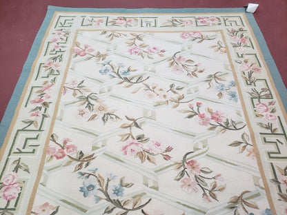 Vintage Aubusson Area Rug, Aubusson Flat weave Carpet, Floral Geometric Pattern, Beige Teal Green, 4x6 Rug, European Design