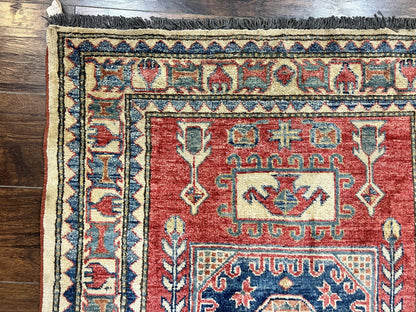 Turkish Kazak Rug 3x4, Wool Hand Knotted Small Vintage Carpet, Red Navy Blue, 3 x 4 Oriental Rug, Geometric Design