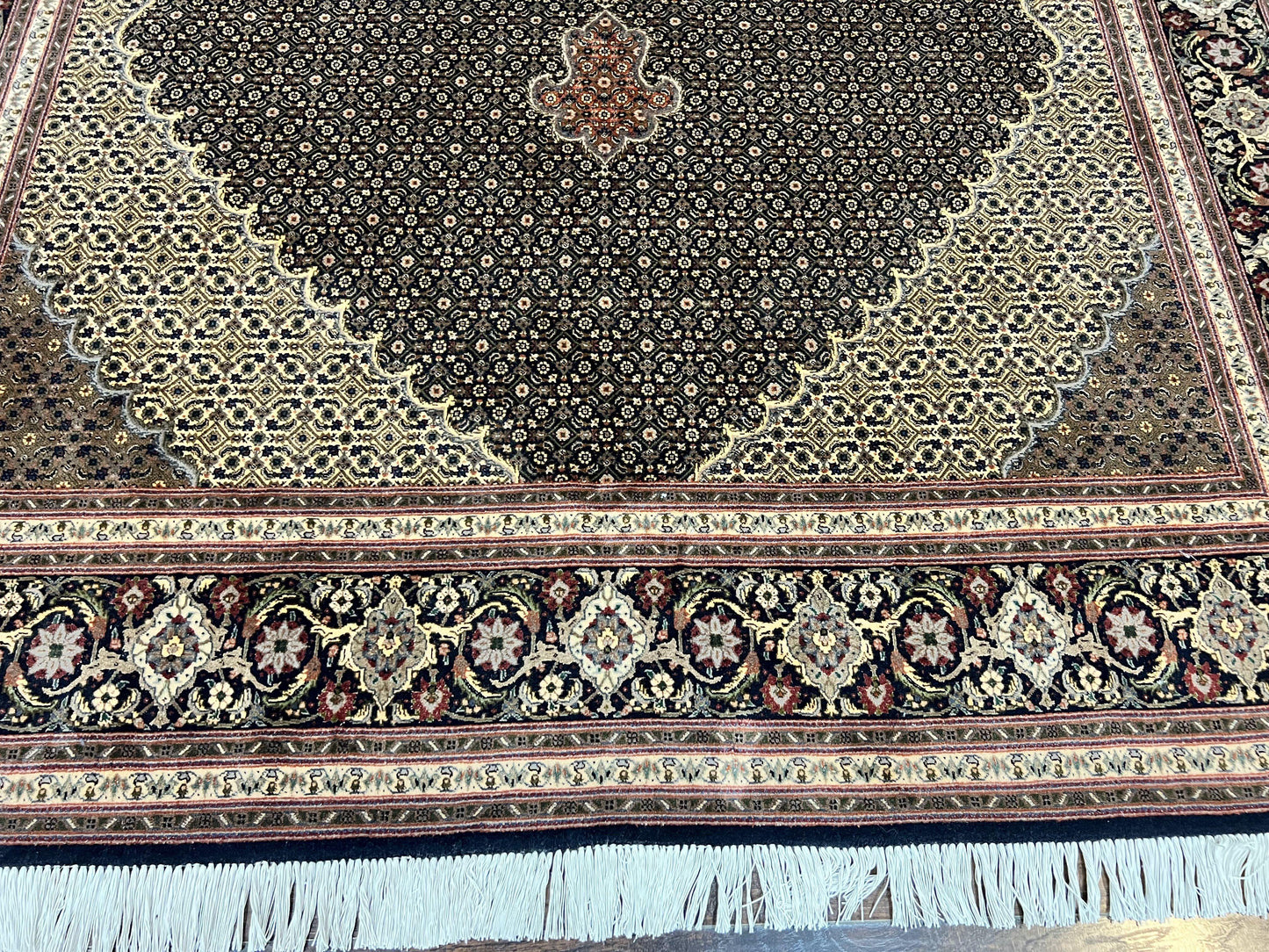 Persian Tabriz Rug 7x10, Very Fine 330 KPSI 50 Raj, Black and Beige, Handmade Wool Vintage Persian Carpet