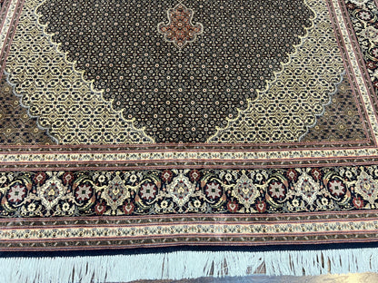 Persian Tabriz Rug 7x10, Very Fine 330 KPSI 50 Raj, Black and Beige, Handmade Wool Vintage Persian Carpet