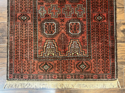 Antique Persian Turkoman Rug 3x6, Wool Tribal Handmade Carpet, Red and Black