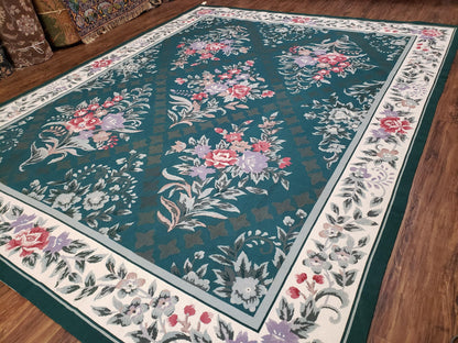 Chinese Needlepoint Rug 8x10, Vintage Green Area Rug, Hand-Woven Flatweave Floral European Design Carpet Wool Handmade 8x 10 Living Room Rug