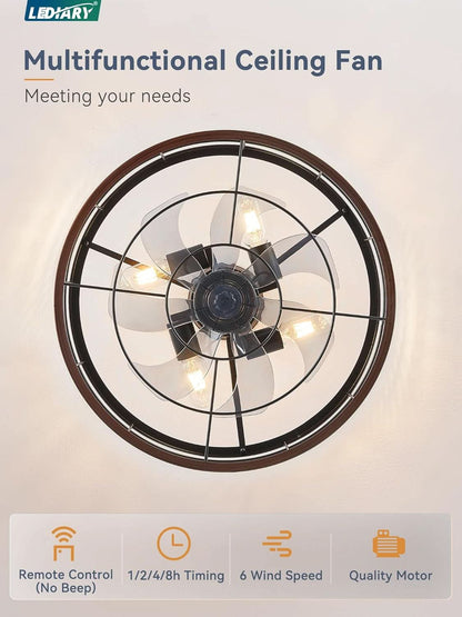 20 Inch Walnut Caged Fandelier Ceiling Fan With Light And Remote Control 6 Speeds With Timing