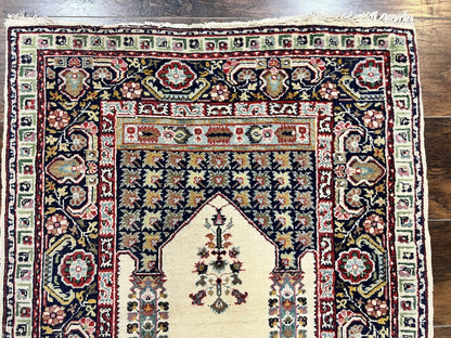 Turkish Prayer Rug 2.5 x 4, Vintage Wool Hand Knotted Carpet, Ivory