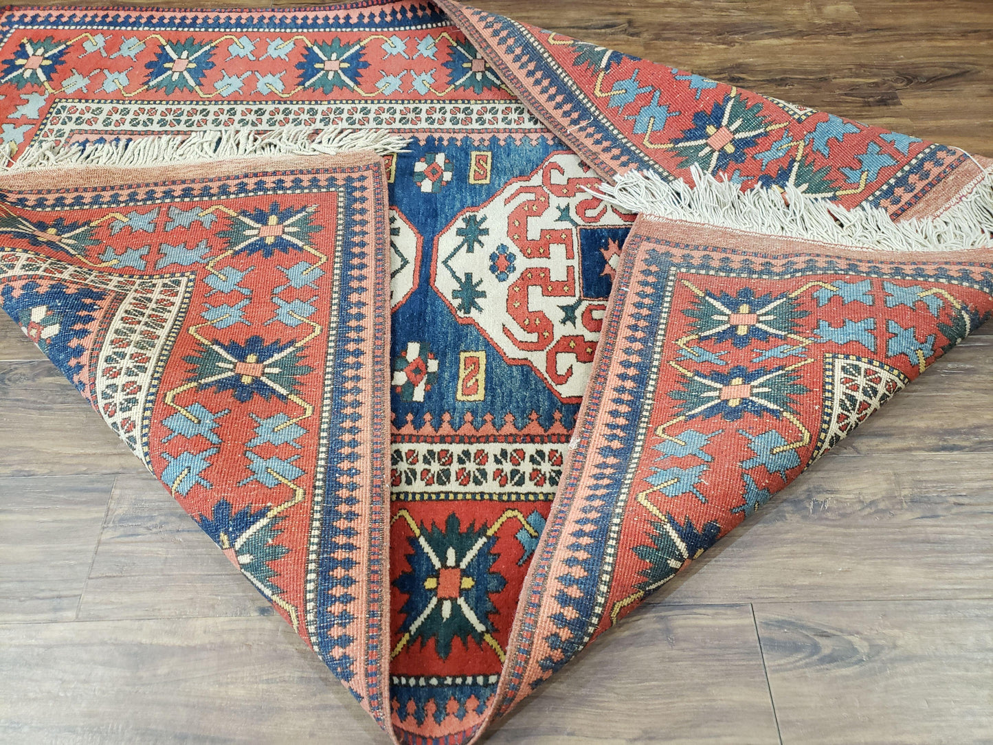 Turkish Kazak Rug 5x6 Vintage Handmade Wool Carpet Geometric Blue Red
