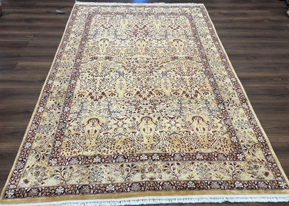 Pretty Indo Persian Rug 6x9, Allover Floral Motif with Birds, Tan/Cream, Very Fine Oriental Carpet, Hand Knotted Vintage Indian Wool Rug
