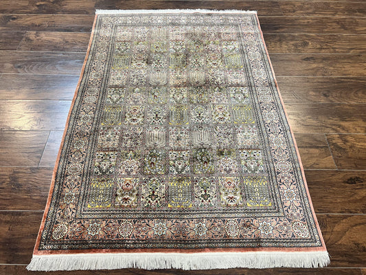 Magnificent Persian Silk Rug 3.7 x 5, Persian Qum Rug, Panel Design, Kheshti Garden, Extremely Fine 650 KPSI - 70 Raj, Hand Knotted, Vintage, Multicolor