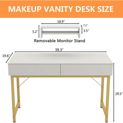 White Home Office Desk With Drawer And Monitor Stand