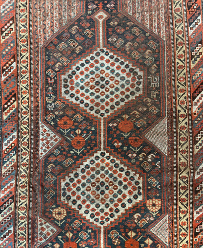 Antique Persian Shiraz Rug 5x8, Khamseh Tribal Wool 1920s Carpet, Navy Blue