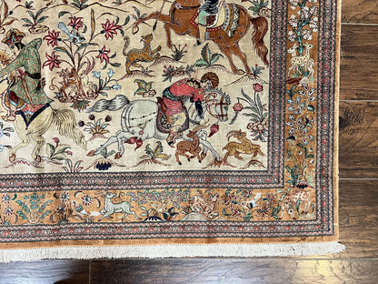 Silk Persian Qum Rug 3x5, Hunting Pattern, Handmade Vintage Carpet, Signed by Master Weaver, Horsemen Pictorials, Super Fine 650 KPSI