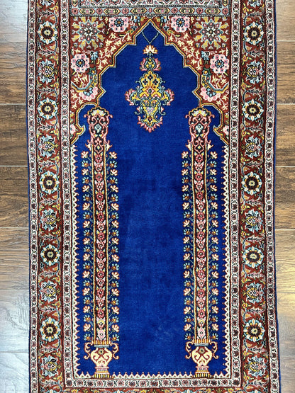 Indo Persian Prayer Rug 3x5, Fine Oriental Carpet, Dark Blue and Red, Vintage Hand Knotted Handmade Prayer Rug