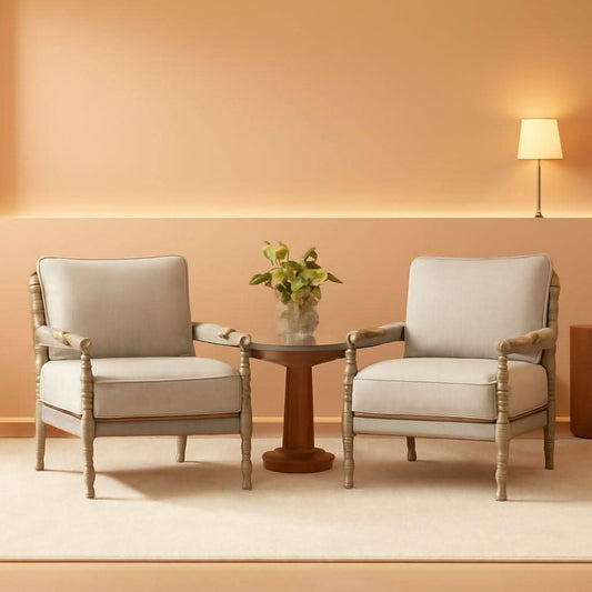 Linen Spindle Accent Chairs Set Of 2 Cushioned Armrests