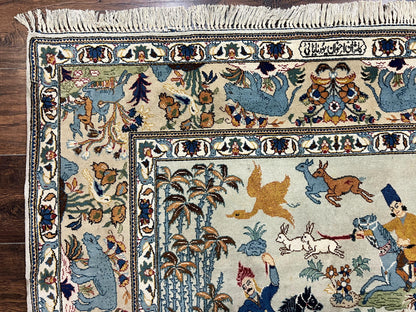Persian Kashan Pictorial Rug 4.6 x 7, Hunting Scene, Signed by Masterweaver, Animal Pictorials, Rare, Handmade, Wool, Vintage, Very Fine