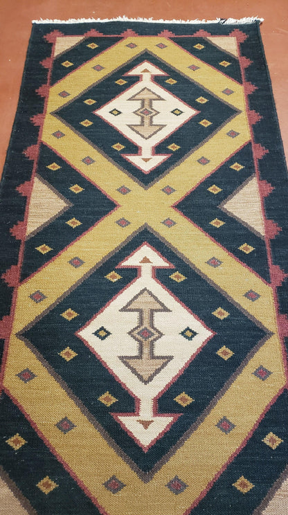 Vintage Indian Kilim Runner Rug, Geometric Flatweave Hand-Knotted Wool Kitchen Hallway Runner, Black Gold & Beige, 2' 8" x 9' 9"