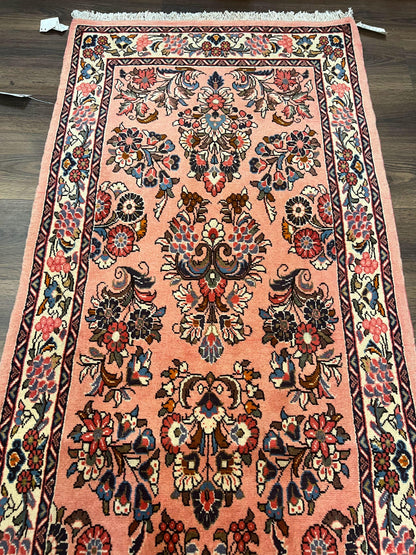Persian Runner Rug 2.9 x 13.6, Semi Antique Vintage Persian Sarouk Hallway Rug, Wool Oriental Runner, Salmon and Cream, Floral Allover Hand Knotted
