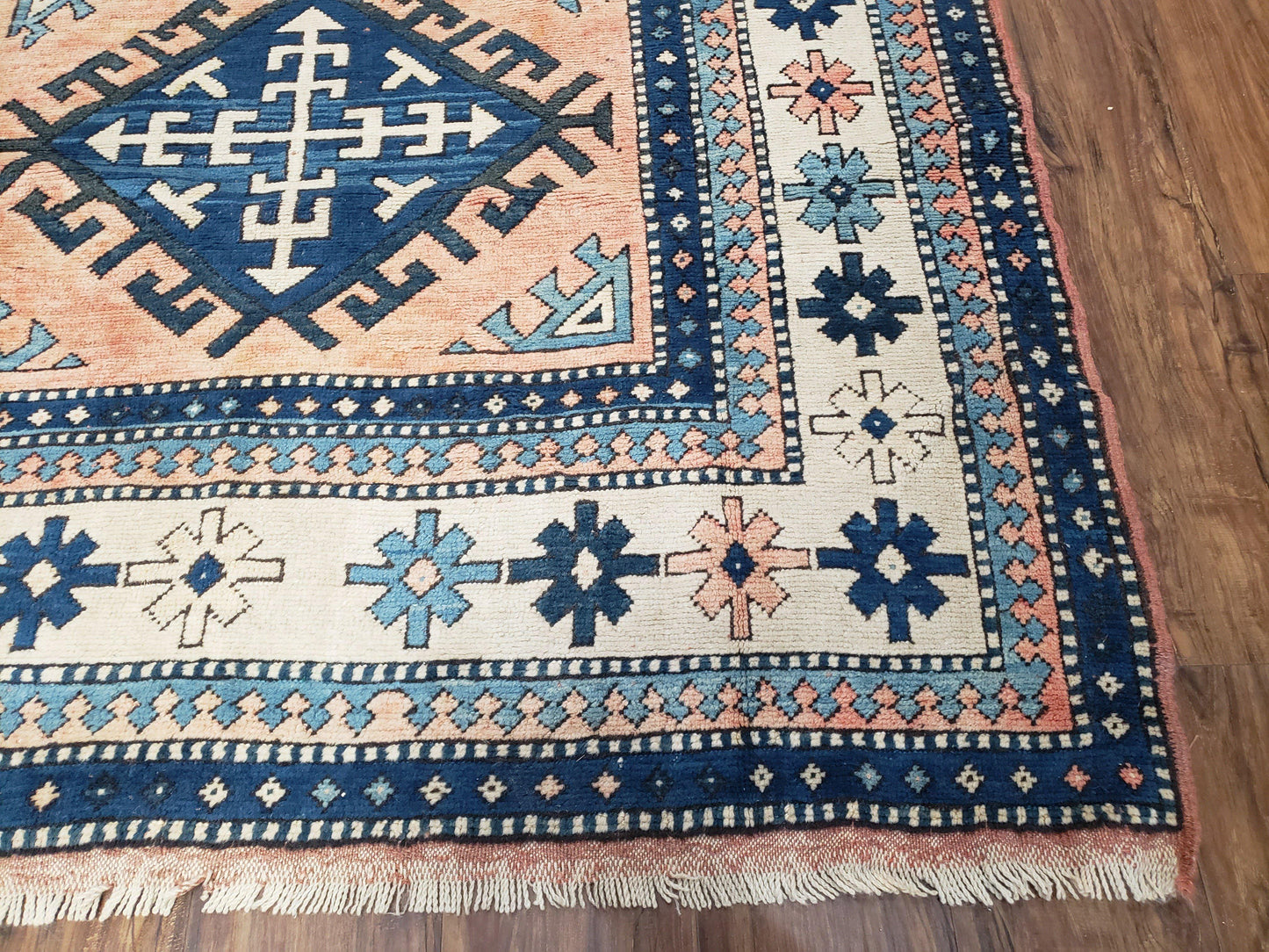 Turkish Kazak Rug 5x8 ft, Bold Geometric Bohemian Carpet, Blue and Ivory Hand Knotted Area Rug, Medium Sized High Quality Wool Oriental Rug