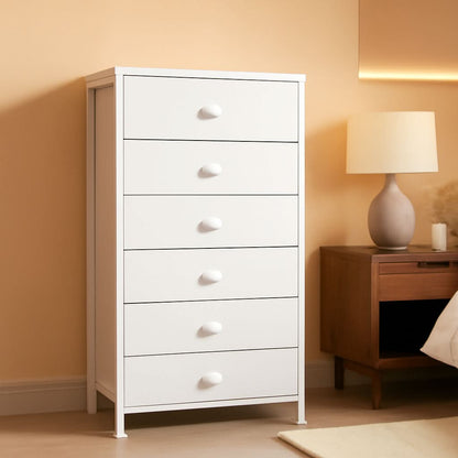 White Tall Dresser With Six Fabric Drawers For Organization