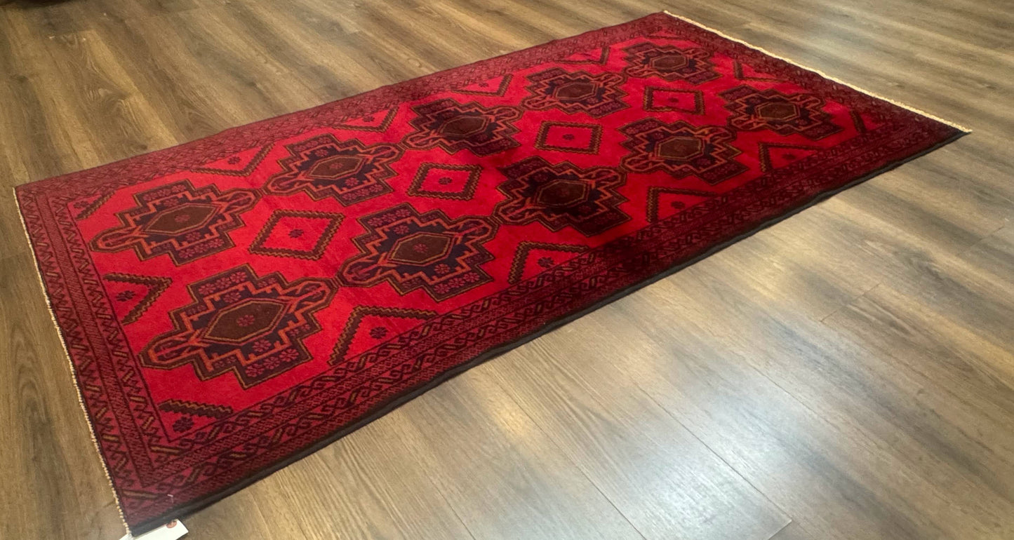 Afghan Rug 4x7, Tribal Carpet, Balouch Rug, Red and Navy Blue, Repeated Medallions, New