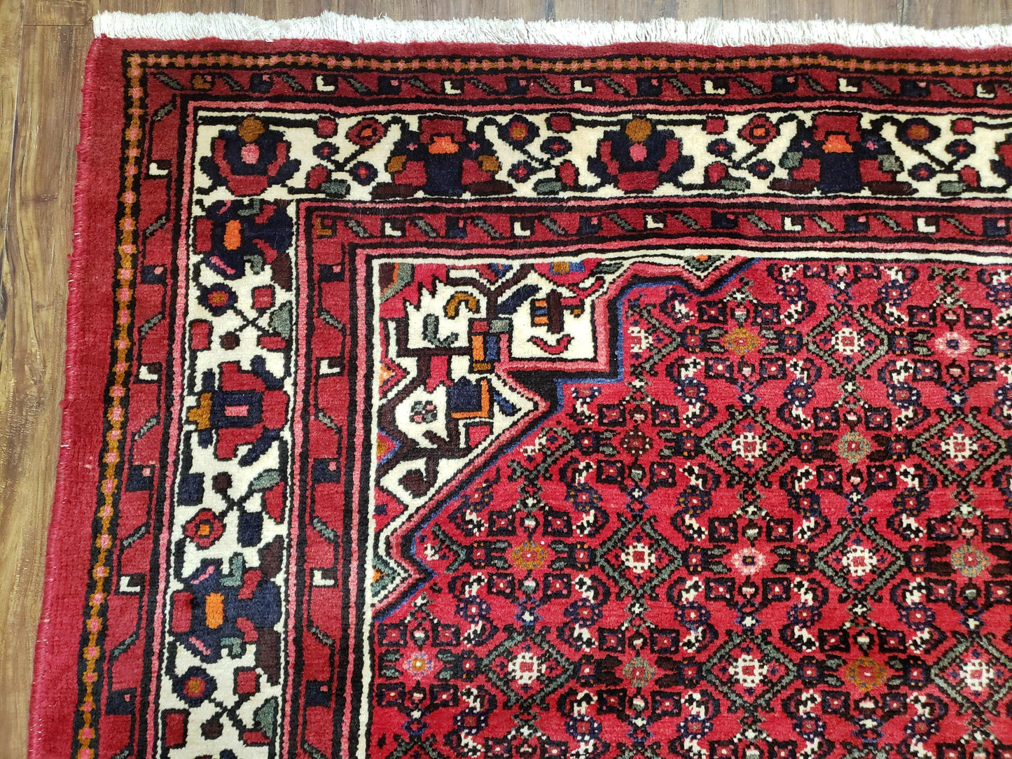 Vintage Persian Hamedan Rug 7x10, Angelas Mahi Pattern, Red, Wool, Hand-Knotted