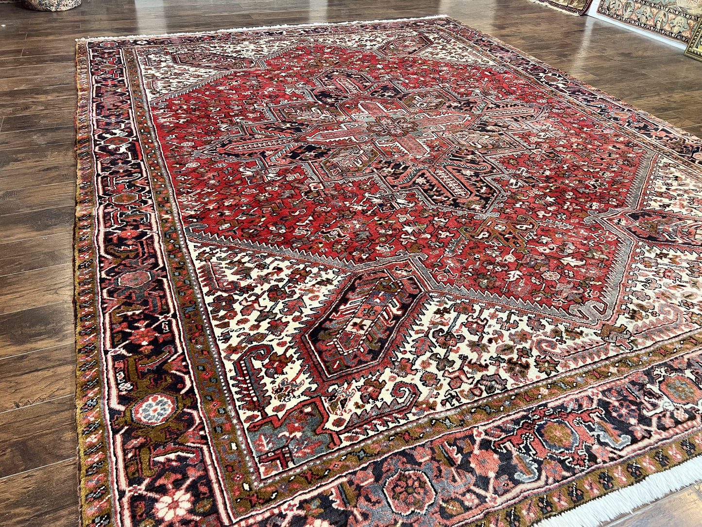 Large Persian Heriz Rug 10x13, Wool Hand Knotted Antique Carpet, Red and Ivory, Geometric Tribal Room Sized Rug, Decorative Oriental Rug