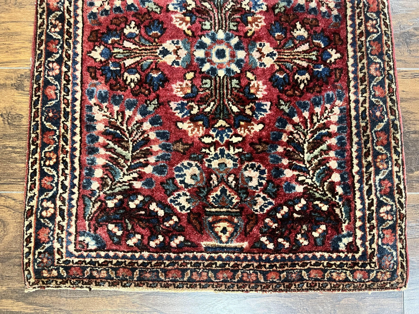 Antique Persian Sarouk Rug 2 x 2.5, Small Sarouk Carpet, Red Floral 1920s Red, Fine 170 KPSI, Wool Handmade Rug