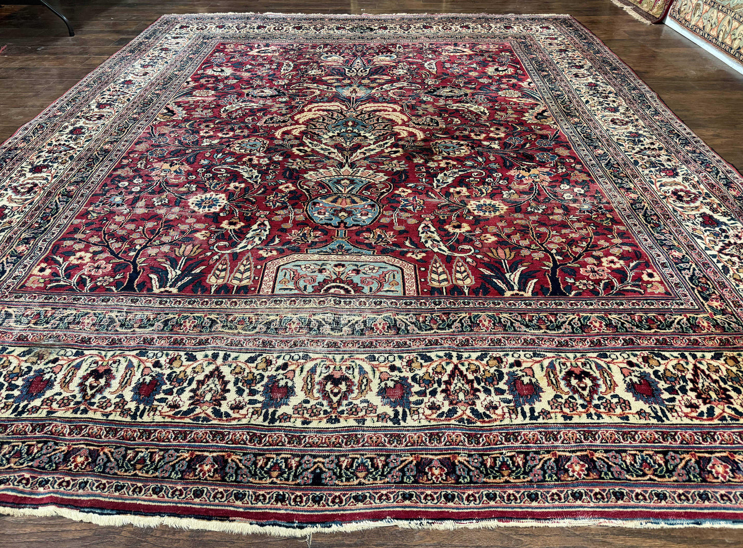 Antique Persian Mashad Rug 10x12, Red and Ivory, Signed by Master Weaver