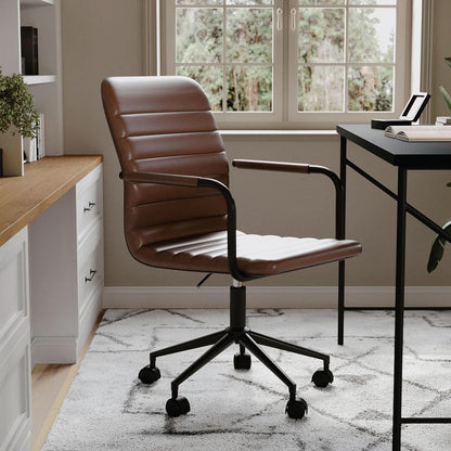 Saddle Brown Faux Leather Swivel Task Chair With Armrests