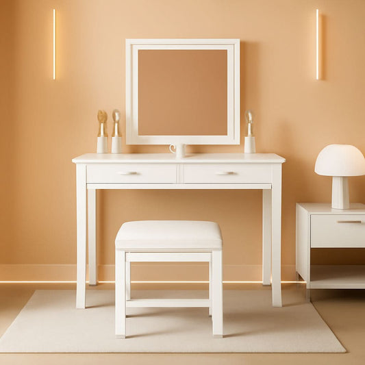 32 Inch White Vanity Desk With LED Mirror And Power Outlets