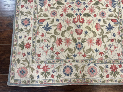 Hand Stitched Indian Rug 4x5, Floral, Vintage Hand Embroidered Rug