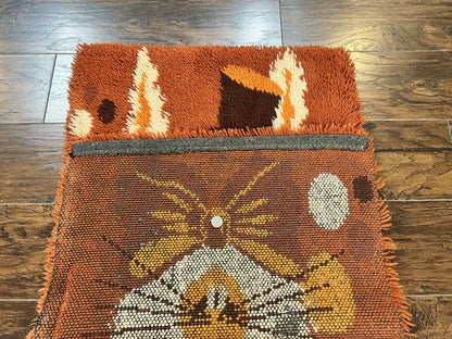 Rya Shag Rug 2x4, Rabbit in Top Hat, Wool, Orange, Vintage 1960s Danish Shag Rug