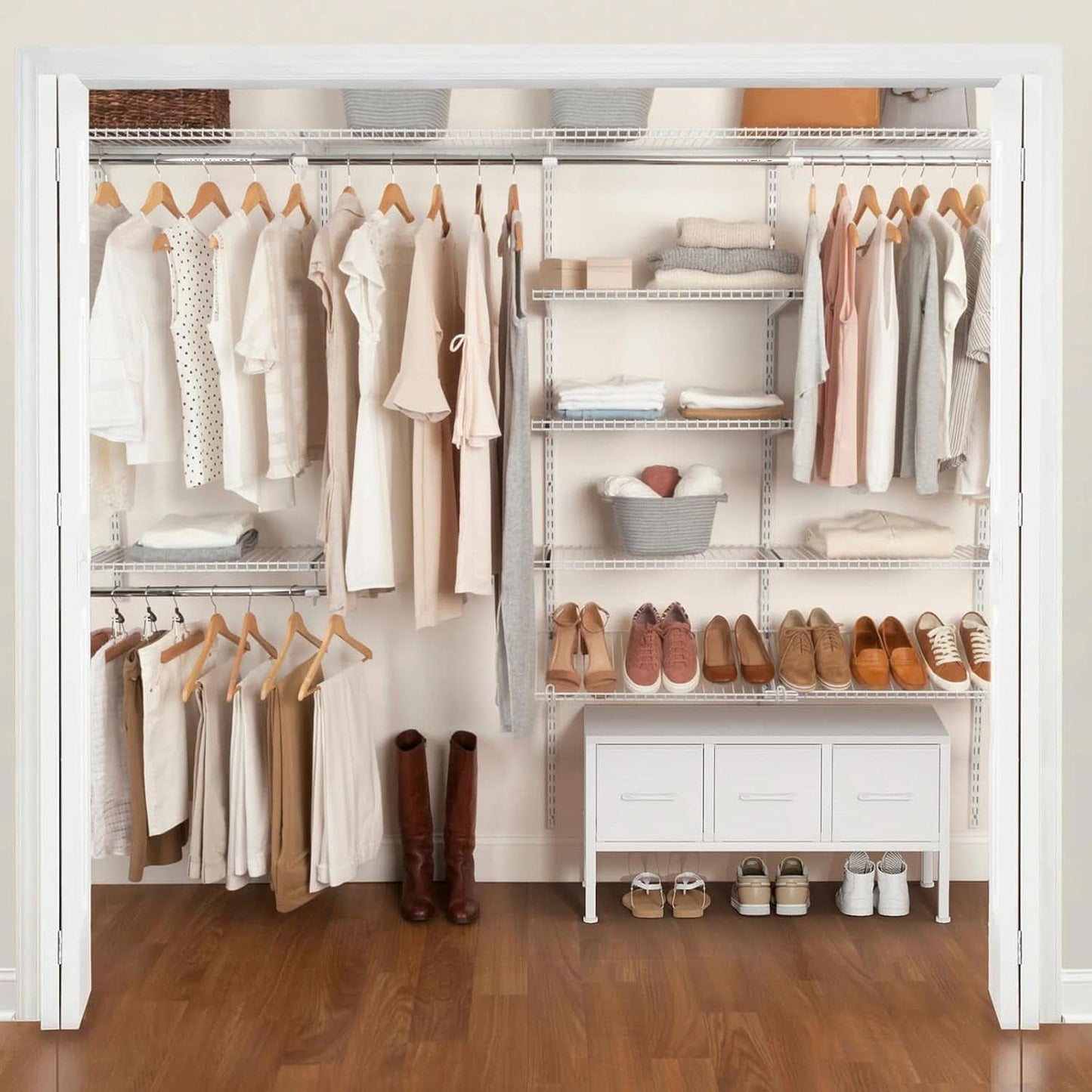 White Closet Storage Organizer With Fabric Drawers