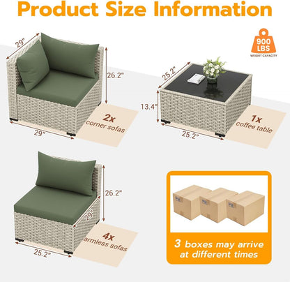Patio 7 Piece PE Wicker Sectional Sofa Set Table Green