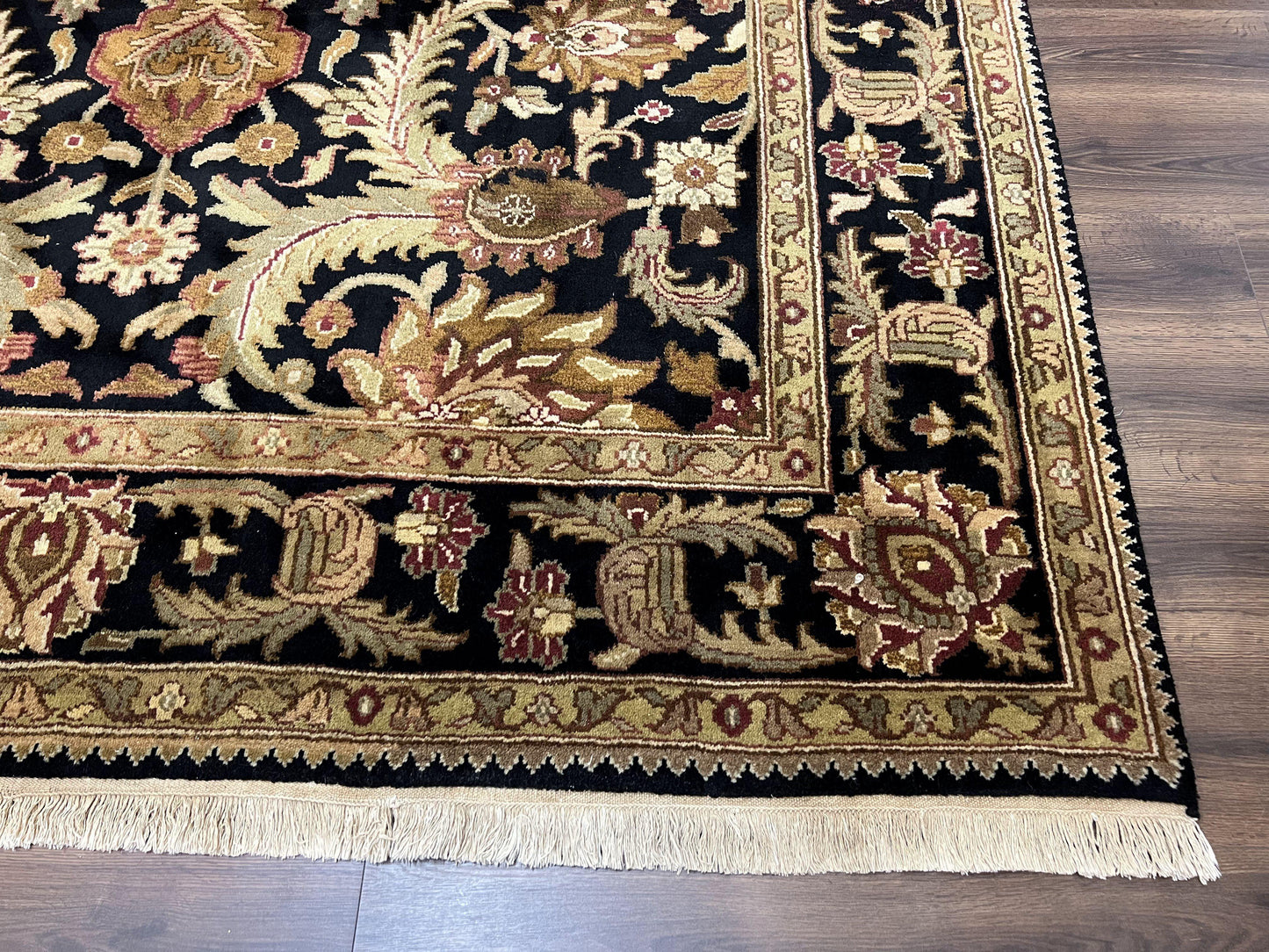 Indo Mahal Sultanabad Rug 8x11, Vintage Indian Oriental Carpet, Wool Handmade Floral Rug 8 x 11 ft, Black Beige Tan, Large Flowers Allover