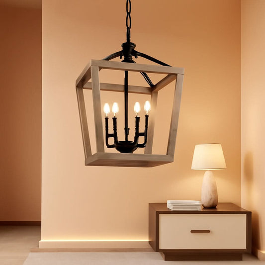 4 Light Farmhouse Chandelier With Rustic Wood Cage Light