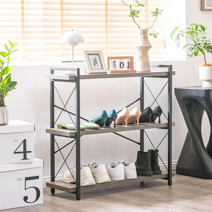 Three Tier Industrial Bookshelf With Rustic Open Metal Frame