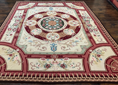 Needlepoint Rug 7.9 x 9, Beige Maroon Rose, Handmade Handwoven Flatweave Aubusson Savonnerie French European Elegant Carpet, Wool Rug
