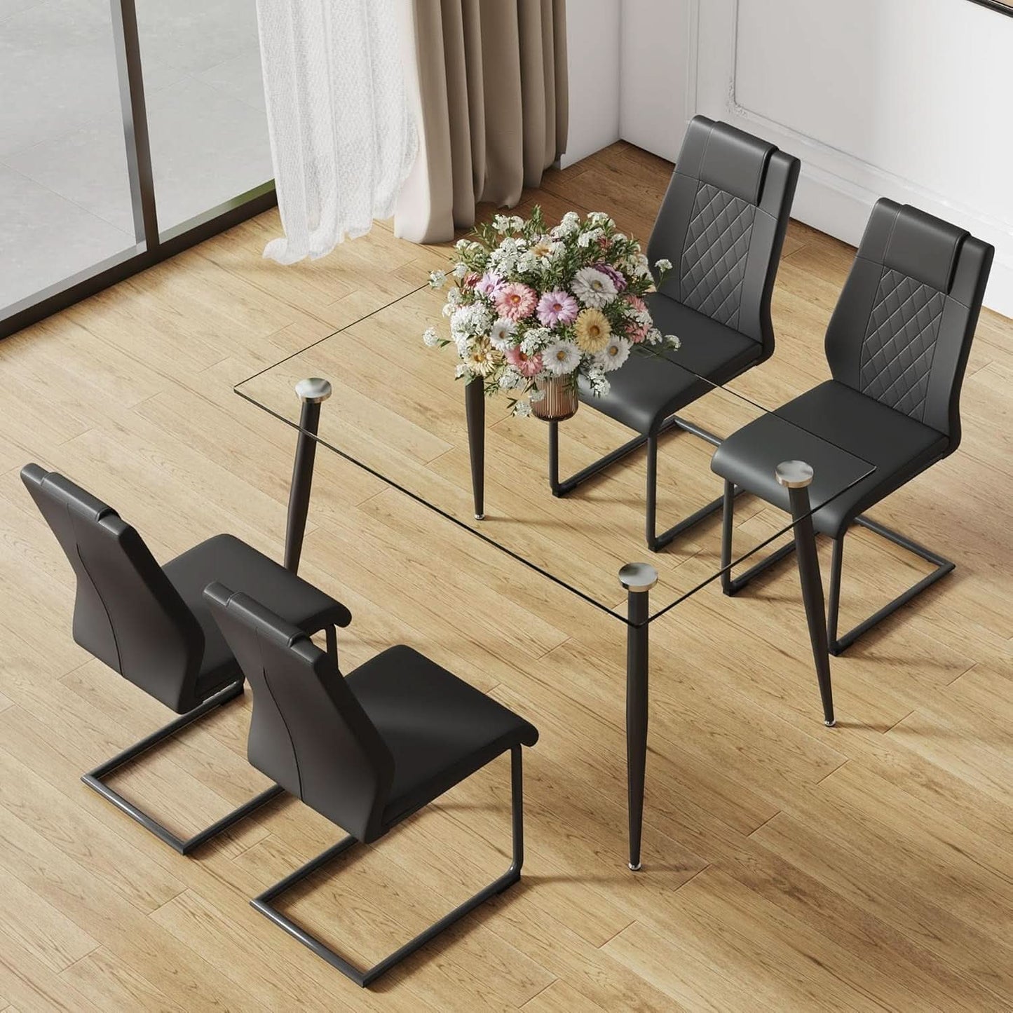 51 Inch Glass Dining Table For 4 With Tempered Glass Top