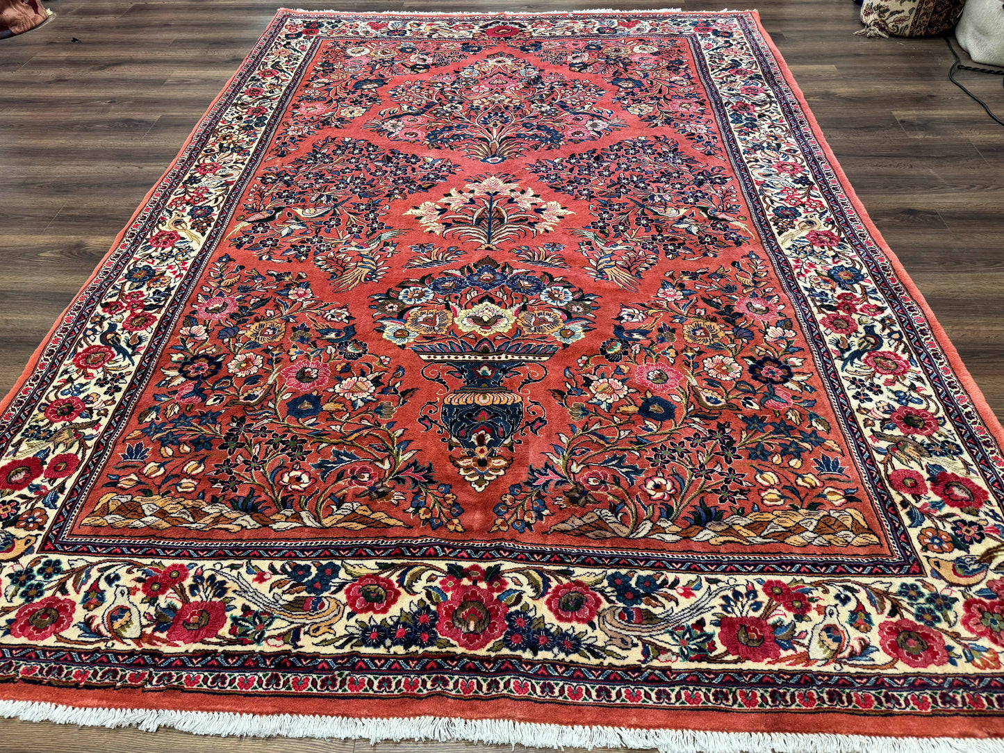 Persian Sarouk Rug 7x10, Red and Ivory, Floral Bouquets, Birds