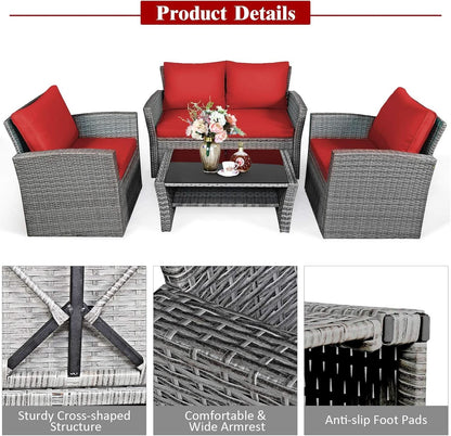 4 Piece All Weather Patio Furniture Set With Cushions And Glass Table