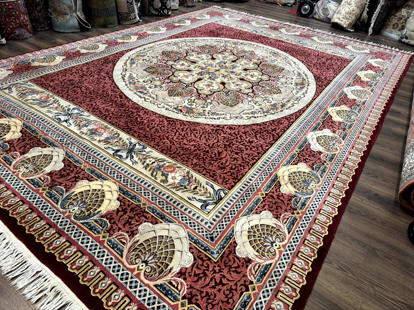 Wonderful Aubusson Rug 10x14, Red Maroon, Elegant, Fine 200 KPSI