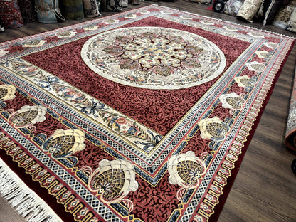 Wonderful Aubusson Rug 10x14, Red Maroon, Elegant, Fine 200 KPSI