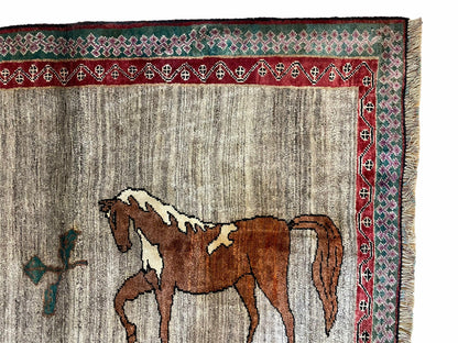 4 X 6 Handmade Rug Zagros New Vintage Quality Wool Rug Horses Silver Brown Nice