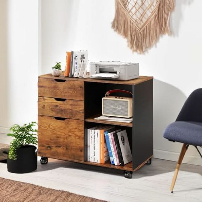 Mobile 3 Drawer Wood File Cabinet With Open Storage Shelves Rustic Brown